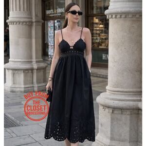 ZARA Black Embroidered Eyelet Midi Dress NWT